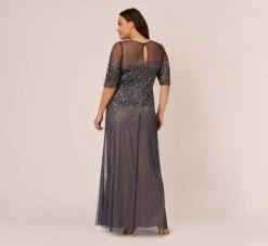 Adrianna Papell Plus Size Beaded Illusion Gown In Navy -Adrianna Papell Shop 091863331 NAV Plus Back
