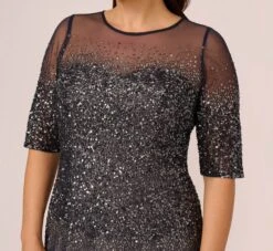 Adrianna Papell Plus Size Beaded Illusion Gown In Navy -Adrianna Papell Shop 091863331 NAV Plus Detail