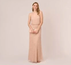 Adrianna Papell Art Deco Beaded Blouson Gown In Blush