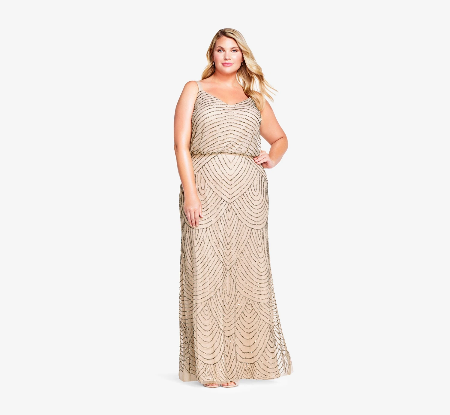 Adrianna Papell Plus Size Art Deco Beaded Blouson Gown In Taupe Pink 5 Adrianna Papell Plus Size Art Deco Beaded Blouson Gown In Taupe Pink - Image 3