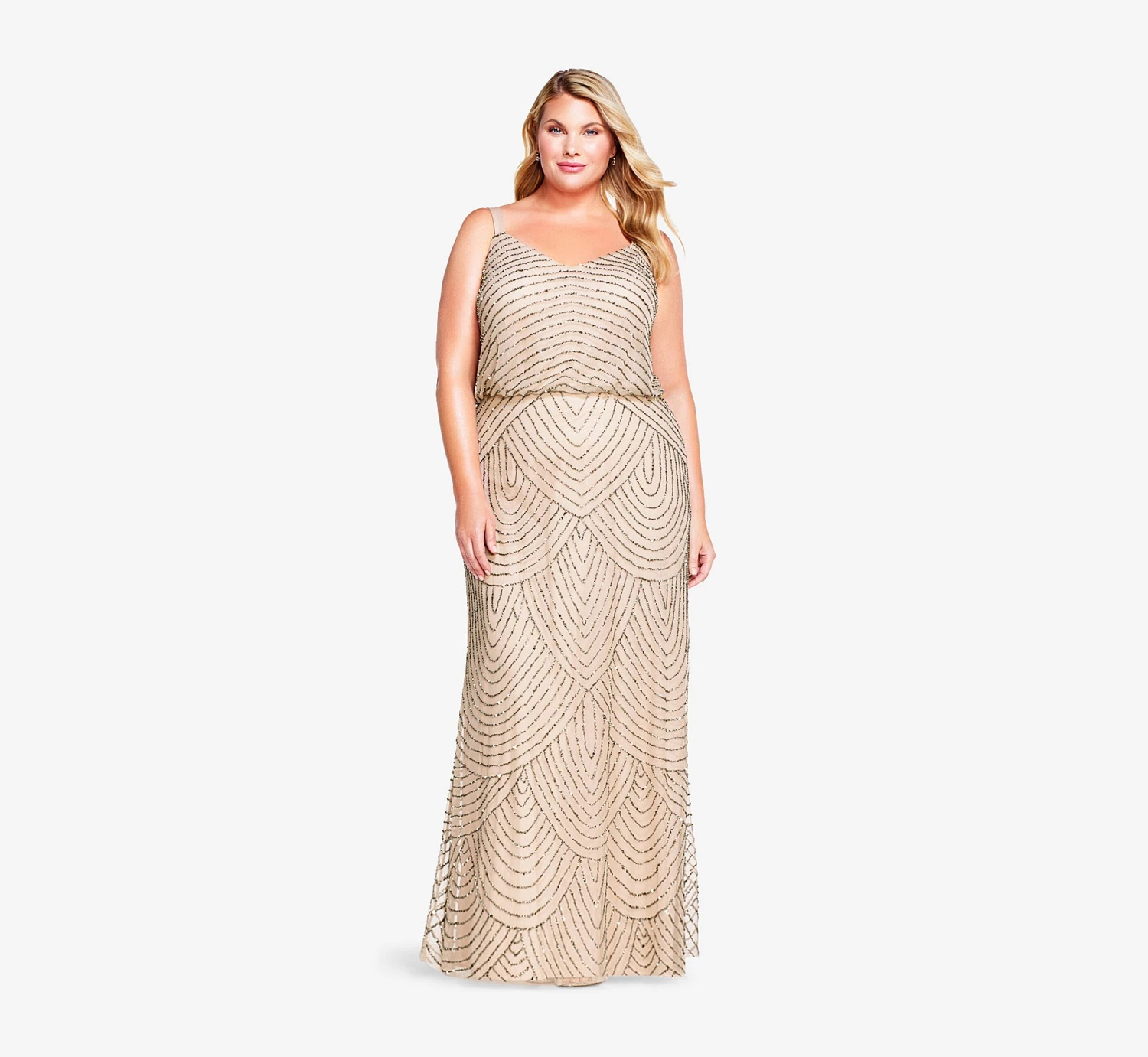 Adrianna Papell Plus Size Art Deco Beaded Blouson Gown In Taupe Pink 3 Adrianna Papell Plus Size Art Deco Beaded Blouson Gown In Taupe Pink