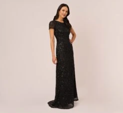 Adrianna Papell Scoop Back Sequin Gown In Black