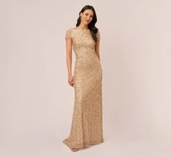 Adrianna Papell Scoop Back Sequin Gown In Champagne Gold