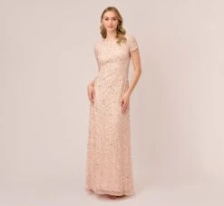 Adrianna Papell Scoop Back Sequin Gown In Blush