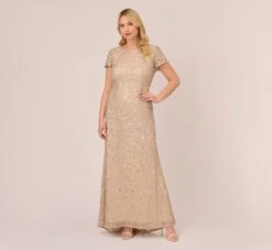 Adrianna Papell Plus Size Scoop Back Sequin Gown In Champagne -Adrianna Papell Shop 091874601 CHA Plus Default