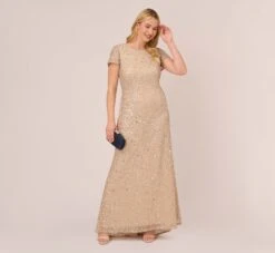 Adrianna Papell Plus Size Scoop Back Sequin Gown In Champagne -Adrianna Papell Shop 091874601 CHA Plus Side