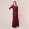 Adrianna Papell Scoop Back Sequin Gown With Three Quarter Sleeves In Cabernet -Adrianna Papell Shop 091919970 AD605 Regular Default