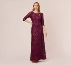 Adrianna Papell Scoop Back Sequin Gown With Three Quarter Sleeves In Cabernet