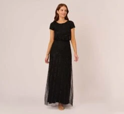 Adrianna Papell Short Sleeve Blouson Beaded Gown In Black
