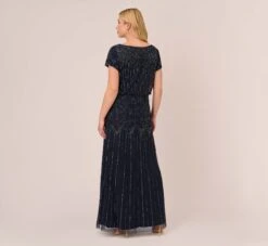Adrianna Papell Plus Size Short Sleeve Blouson Beaded Gown In Navy 10 Adrianna Papell Plus Size Short Sleeve Blouson Beaded Gown In Navy -Adrianna Papell Shop 191906601 NAV Plus Back