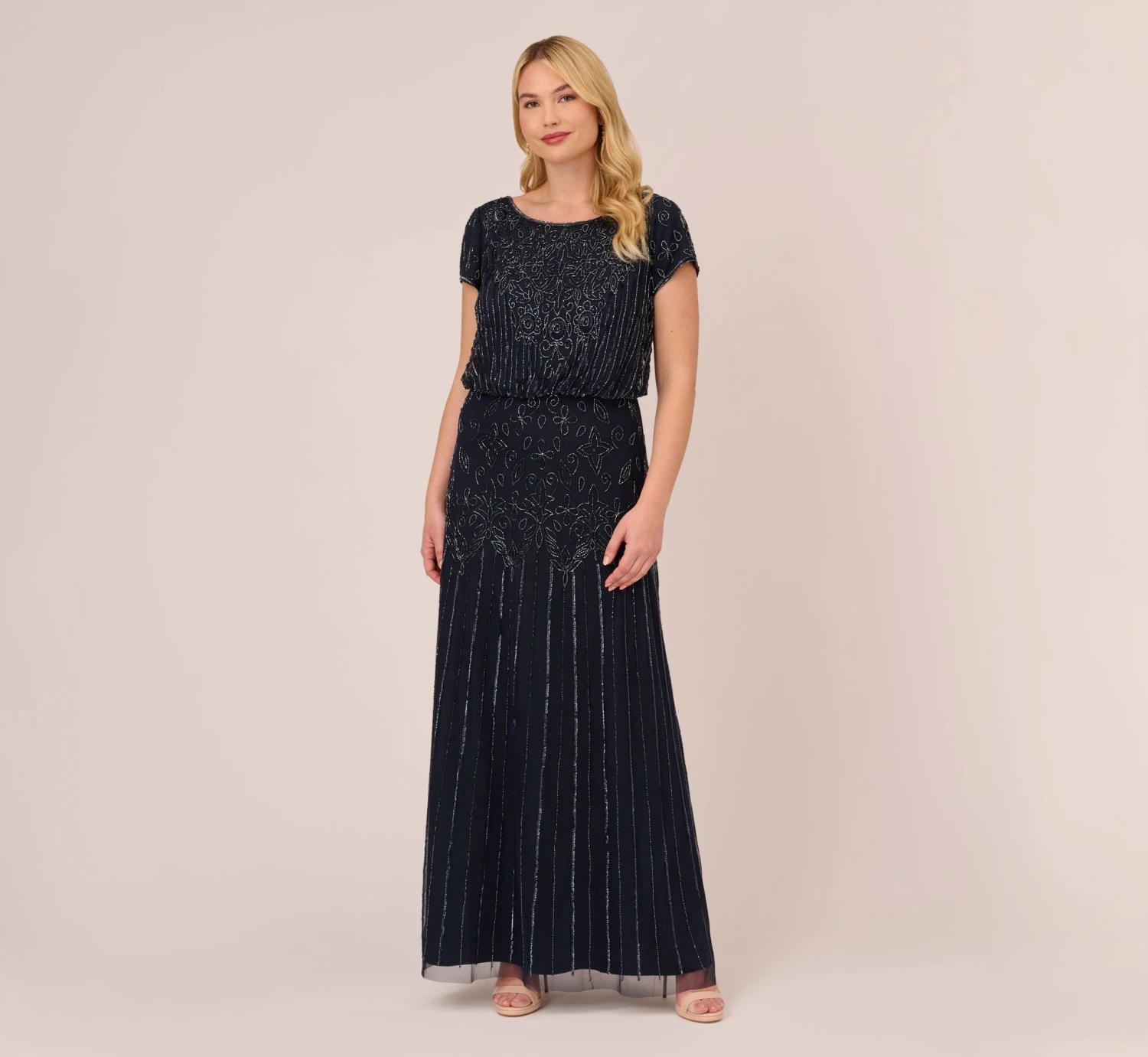 Adrianna Papell Plus Size Short Sleeve Blouson Beaded Gown In Navy 3 Adrianna Papell Plus Size Short Sleeve Blouson Beaded Gown In Navy