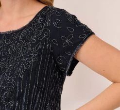 Adrianna Papell Plus Size Short Sleeve Blouson Beaded Gown In Navy 11 Adrianna Papell Plus Size Short Sleeve Blouson Beaded Gown In Navy -Adrianna Papell Shop 191906601 NAV Plus Detail