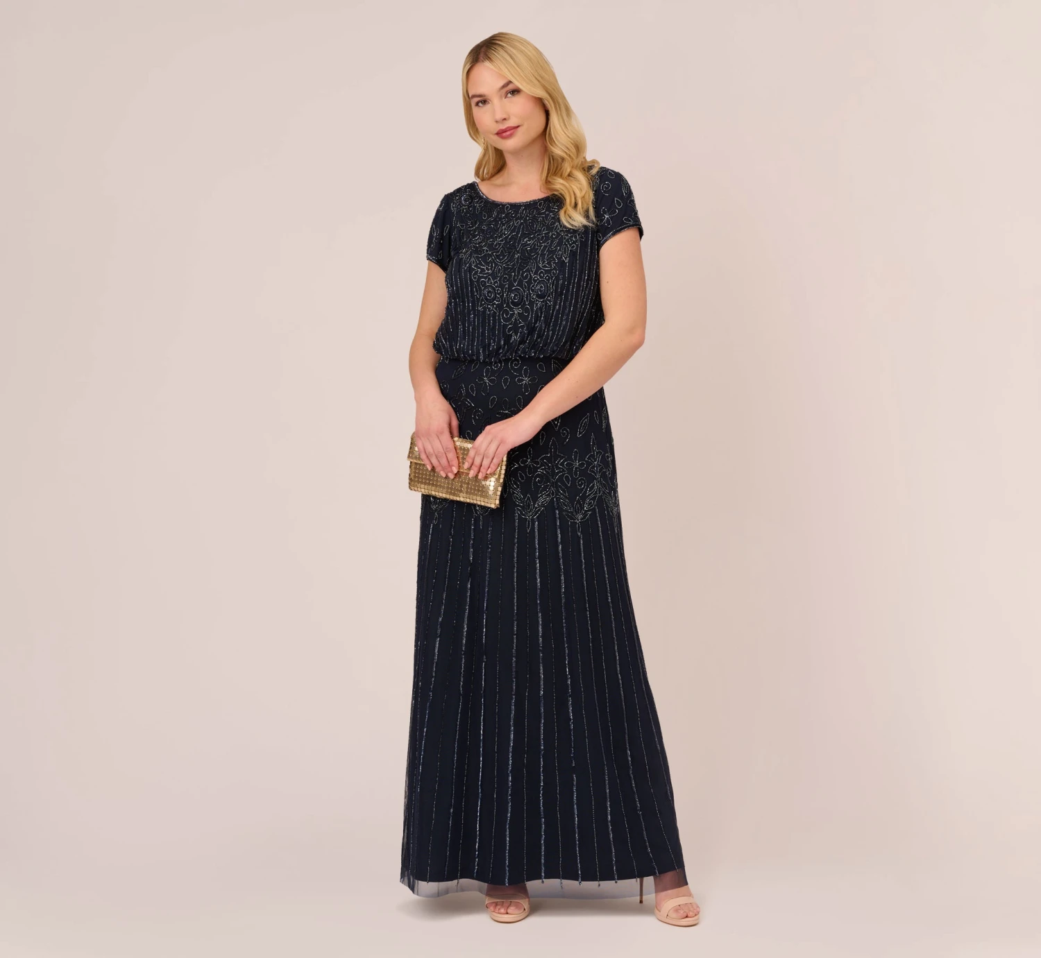 Adrianna Papell Plus Size Short Sleeve Blouson Beaded Gown In Navy 4 Adrianna Papell Plus Size Short Sleeve Blouson Beaded Gown In Navy - Image 2