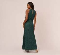 Adrianna Papell Art Deco Beaded Blouson Dress With Halter Neckline In Dusty Emerald -Adrianna Papell Shop 191914100 AA302 Regular Back