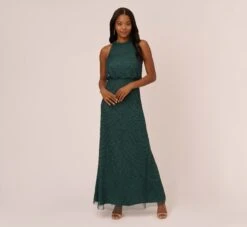 Adrianna Papell Art Deco Beaded Blouson Dress With Halter Neckline In Dusty Emerald