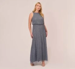 Adrianna Papell Plus Size Art Deco Beaded Blouson Dress With Halter Neckline In Dusty Blue