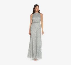 Adrianna Papell Art Deco Beaded Blouson Dress With Halter Neckline In Blue Mist -Adrianna Papell Shop 191914100 AE485 Regular Alternate