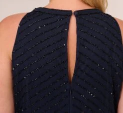 Adrianna Papell Plus Size Art Deco Beaded Blouson Dress With Halter Neckline In Navy Black -Adrianna Papell Shop 191914100 AI410 Plus Lifestyle