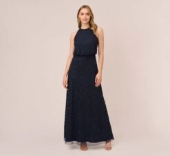 Adrianna Papell Art Deco Beaded Blouson Dress With Halter Neckline In Navy Black