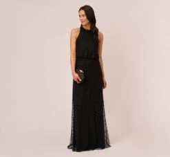 Adrianna Papell Art Deco Beaded Blouson Dress With Halter Neckline In Black Black