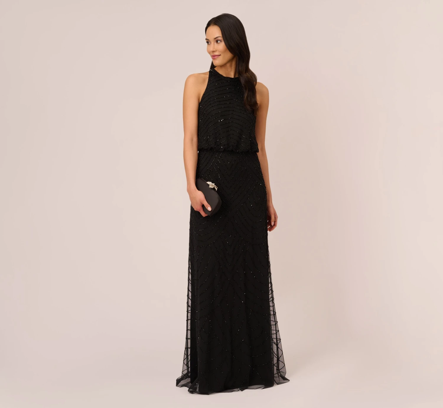 Adrianna Papell Art Deco Beaded Blouson Dress With Halter Neckline In Black Black 3 Adrianna Papell Art Deco Beaded Blouson Dress With Halter Neckline In Black Black