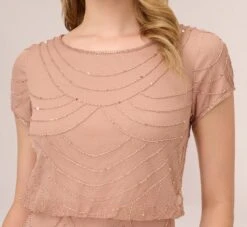 Adrianna Papell Short Sleeve Beaded Blouson Gown In Rose Gold -Adrianna Papell Shop 191916100 AA958 Regular Detail