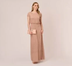 Adrianna Papell Short Sleeve Beaded Blouson Gown In Rose Gold -Adrianna Papell Shop 191916100 AA958 Regular Side