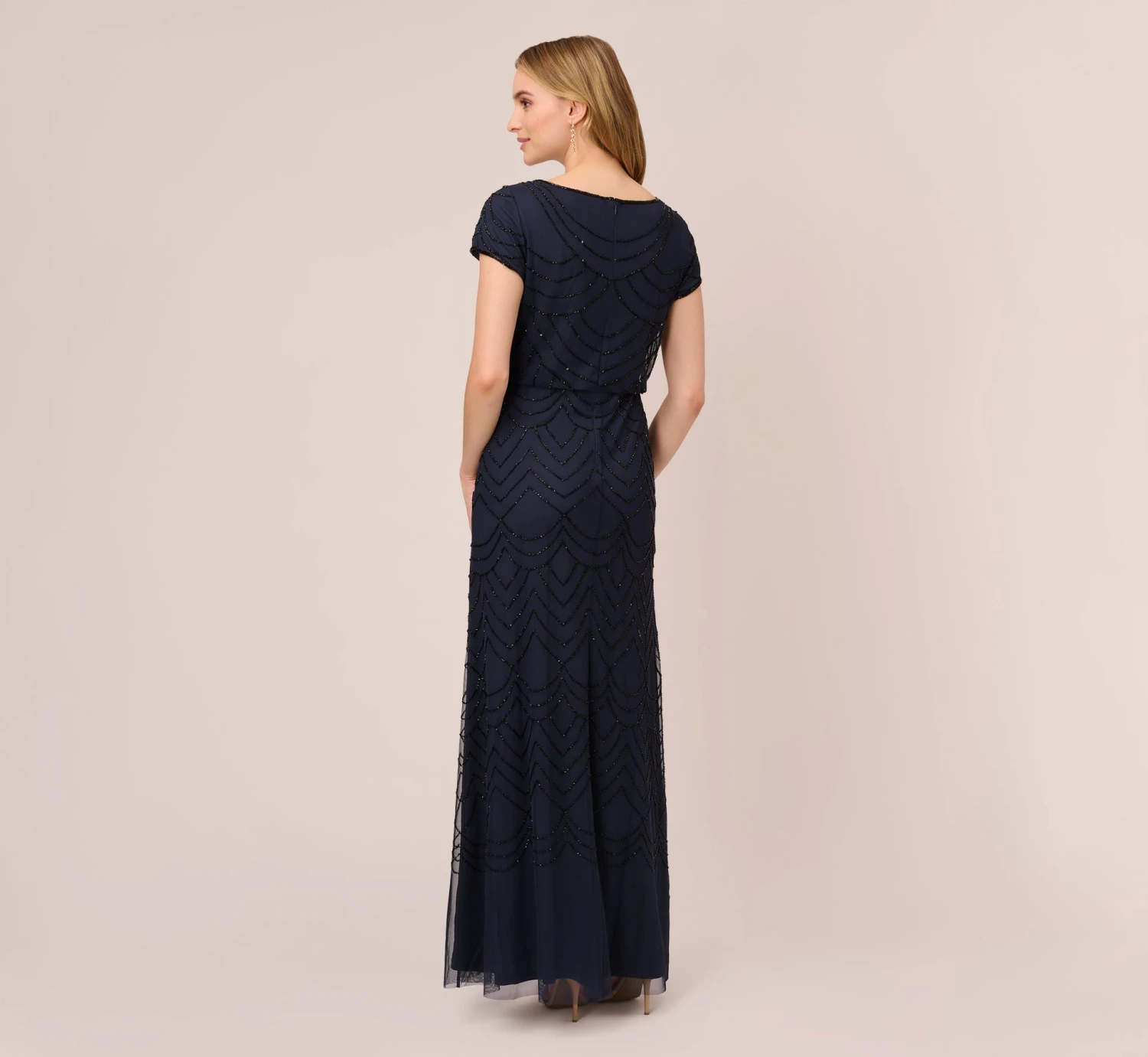 Adrianna Papell Short Sleeve Beaded Blouson Gown In Navy Black 6 Adrianna Papell Short Sleeve Beaded Blouson Gown In Navy Black - Image 4