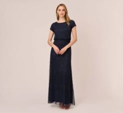 Adrianna Papell Short Sleeve Beaded Blouson Gown In Navy Black