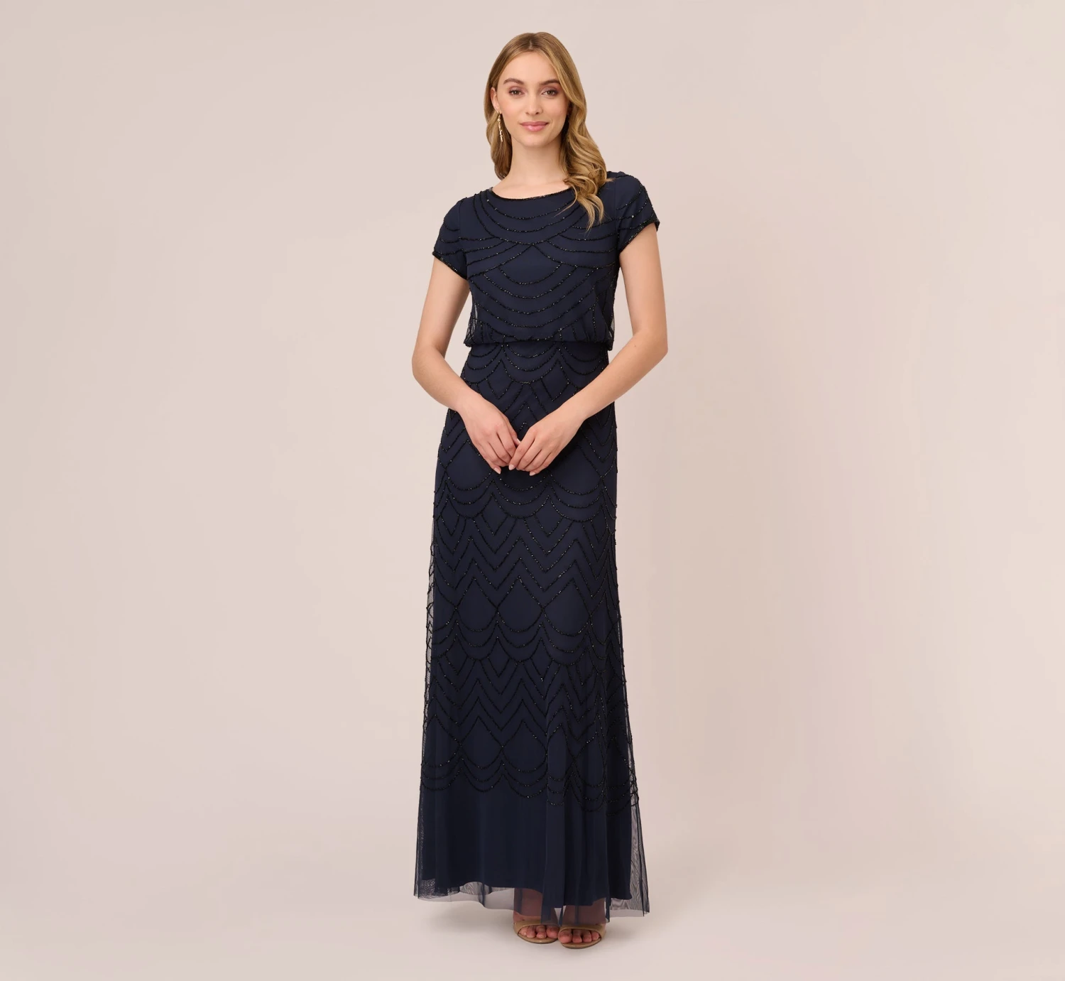 Adrianna Papell Short Sleeve Beaded Blouson Gown In Navy Black 3 Adrianna Papell Short Sleeve Beaded Blouson Gown In Navy Black