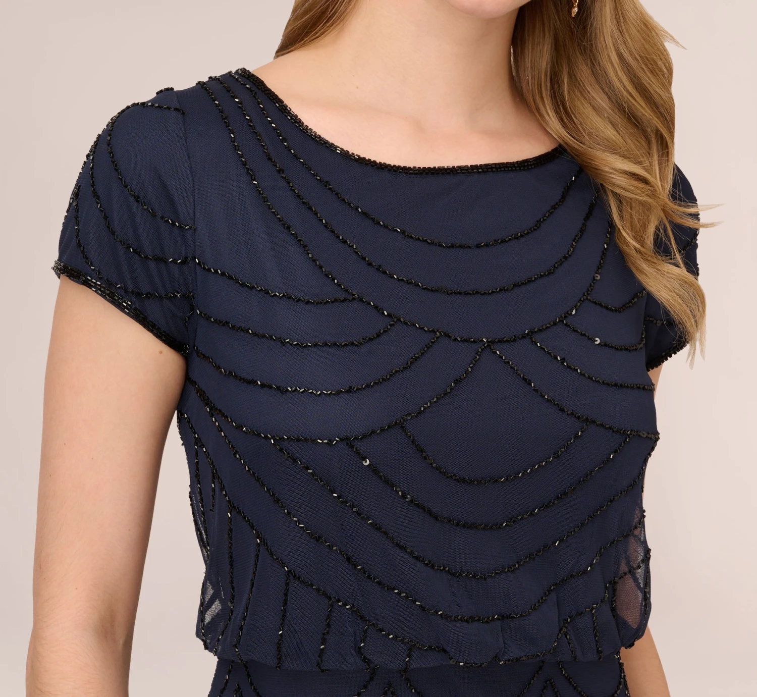 Adrianna Papell Short Sleeve Beaded Blouson Gown In Navy Black 5 Adrianna Papell Short Sleeve Beaded Blouson Gown In Navy Black - Image 3
