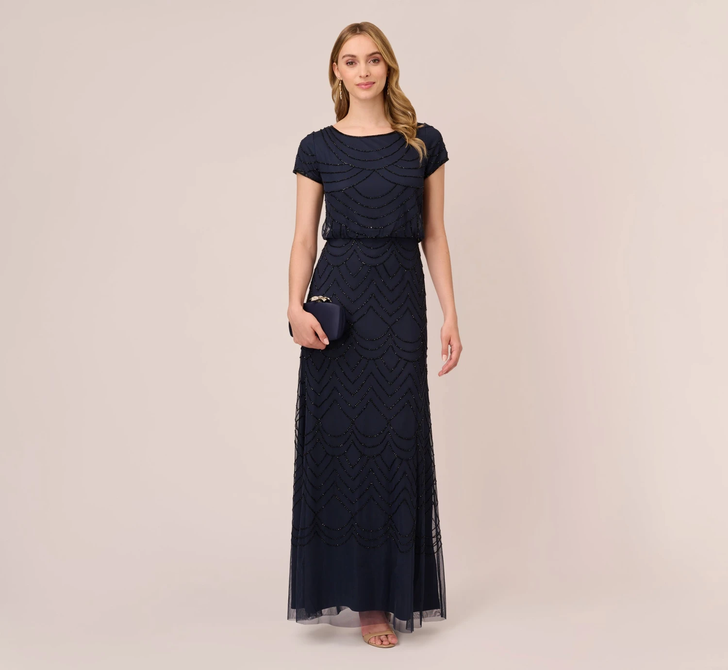 Adrianna Papell Short Sleeve Beaded Blouson Gown In Navy Black 4 Adrianna Papell Short Sleeve Beaded Blouson Gown In Navy Black - Image 2