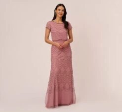 Adrianna Papell Short Sleeve Beaded Blouson Gown In Rose Mercury