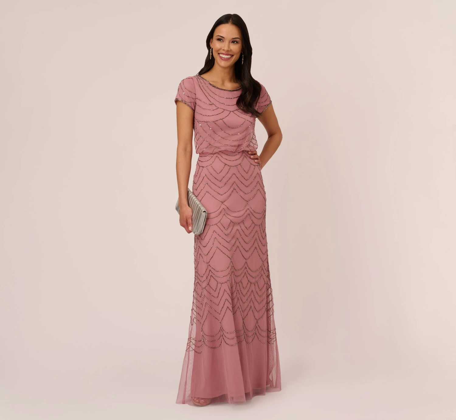 Adrianna Papell Short Sleeve Beaded Blouson Gown In Rose Mercury 4 Adrianna Papell Short Sleeve Beaded Blouson Gown In Rose Mercury - Image 2