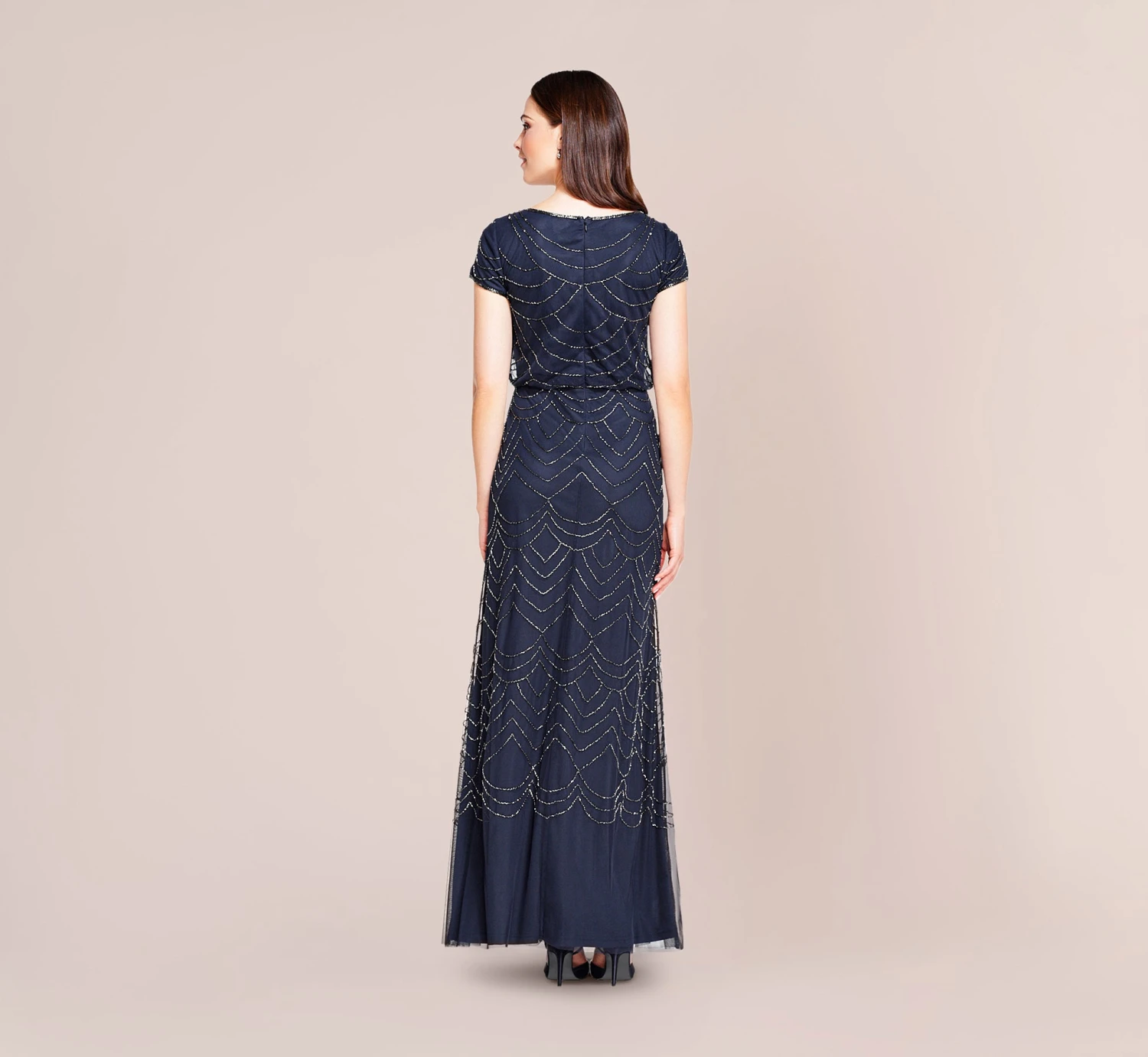 Adrianna Papell Short Sleeve Beaded Blouson Gown In Navy 5 Adrianna Papell Short Sleeve Beaded Blouson Gown In Navy - Image 3
