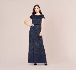Adrianna Papell Short Sleeve Beaded Blouson Gown In Navy