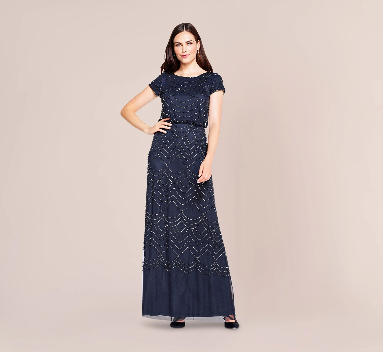 Adrianna Papell Short Sleeve Beaded Blouson Gown In Navy 3 Adrianna Papell Short Sleeve Beaded Blouson Gown In Navy