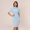 Adrianna Papell Short Sleeve Crepe Dress With Rolled Neck In Blue Mist