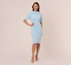 Adrianna Papell Short Sleeve Crepe Dress With Rolled Neck In Blue Mist -Adrianna Papell Shop AP1D101960 AB484 Regular Front