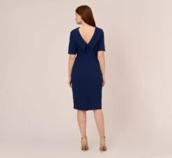 Adrianna Papell Short Sleeve Crepe Dress With Rolled Neck In Navy Sateen 12 Adrianna Papell Short Sleeve Crepe Dress With Rolled Neck In Navy Sateen -Adrianna Papell Shop AP1D101960 AK412 Regular Back