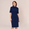 Adrianna Papell Short Sleeve Crepe Dress With Rolled Neck In Navy Sateen