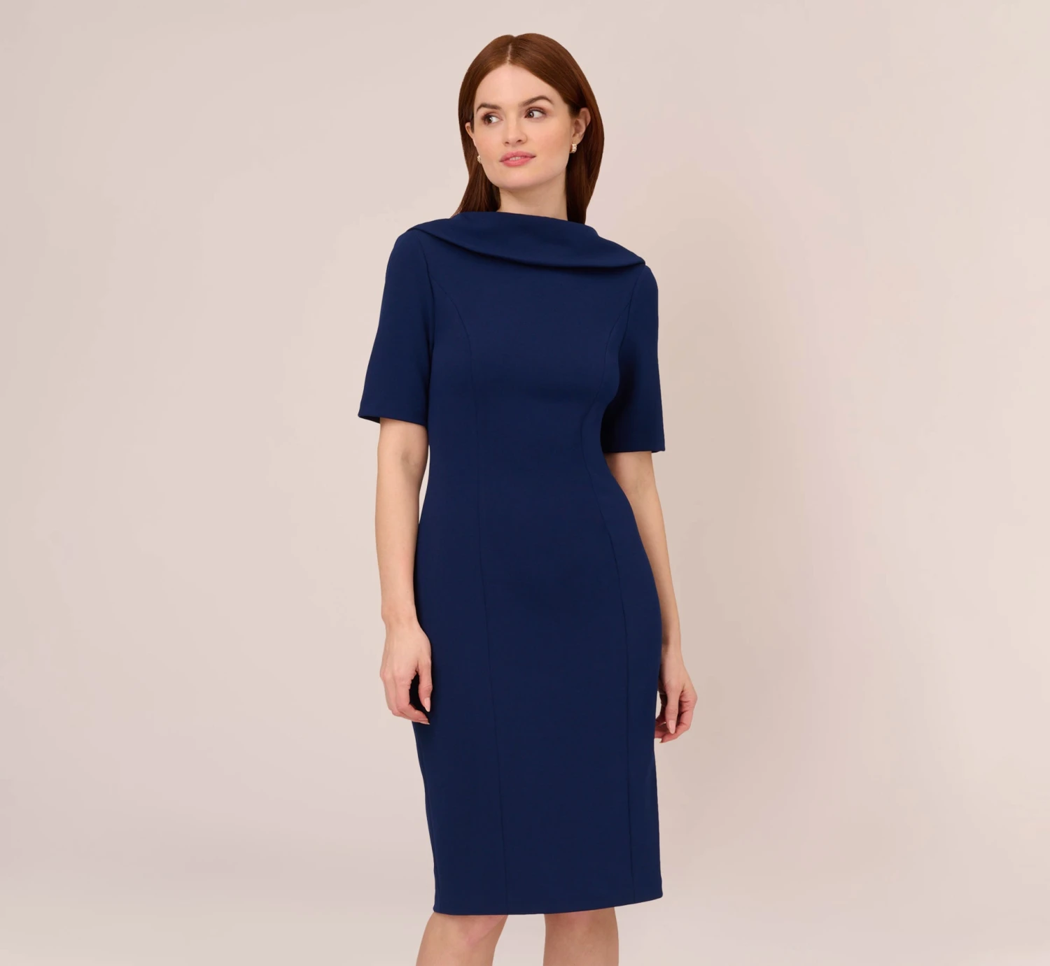 Adrianna Papell Short Sleeve Crepe Dress With Rolled Neck In Navy Sateen 3 Adrianna Papell Short Sleeve Crepe Dress With Rolled Neck In Navy Sateen