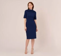 Adrianna Papell Short Sleeve Crepe Dress With Rolled Neck In Navy Sateen 15 Adrianna Papell Short Sleeve Crepe Dress With Rolled Neck In Navy Sateen -Adrianna Papell Shop AP1D101960 AK412 Regular Front