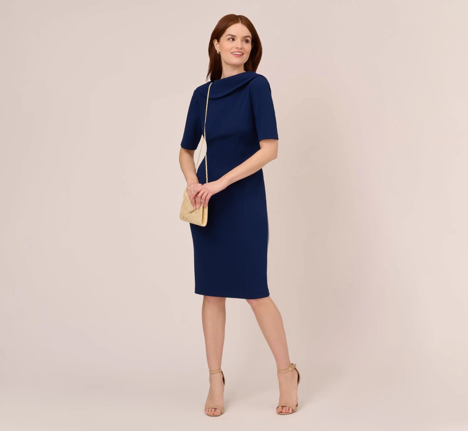 Adrianna Papell Short Sleeve Crepe Dress With Rolled Neck In Navy Sateen 4 Adrianna Papell Short Sleeve Crepe Dress With Rolled Neck In Navy Sateen - Image 2
