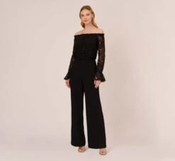 Adrianna Papell Black Off The Shoulder Crepe Jumpsuit With Lace Bodice In Black