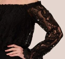 Adrianna Papell Black Off The Shoulder Crepe Jumpsuit With Lace Bodice In Black -Adrianna Papell Shop AP1D102882 AA002 Regular Lifestyle