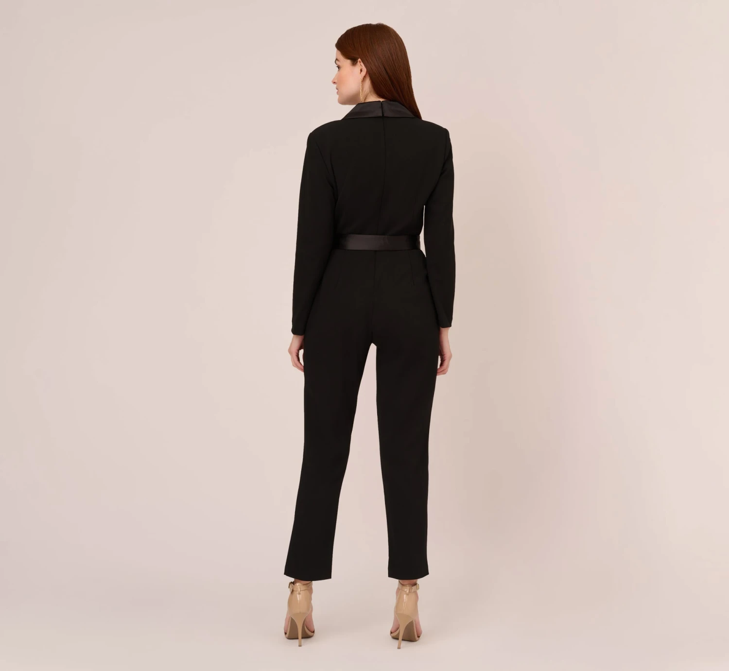 Adrianna Papell Long Sleeve Crepe Jumpsuit With Tuxedo Collar In Black 6 Adrianna Papell Long Sleeve Crepe Jumpsuit With Tuxedo Collar In Black - Image 4
