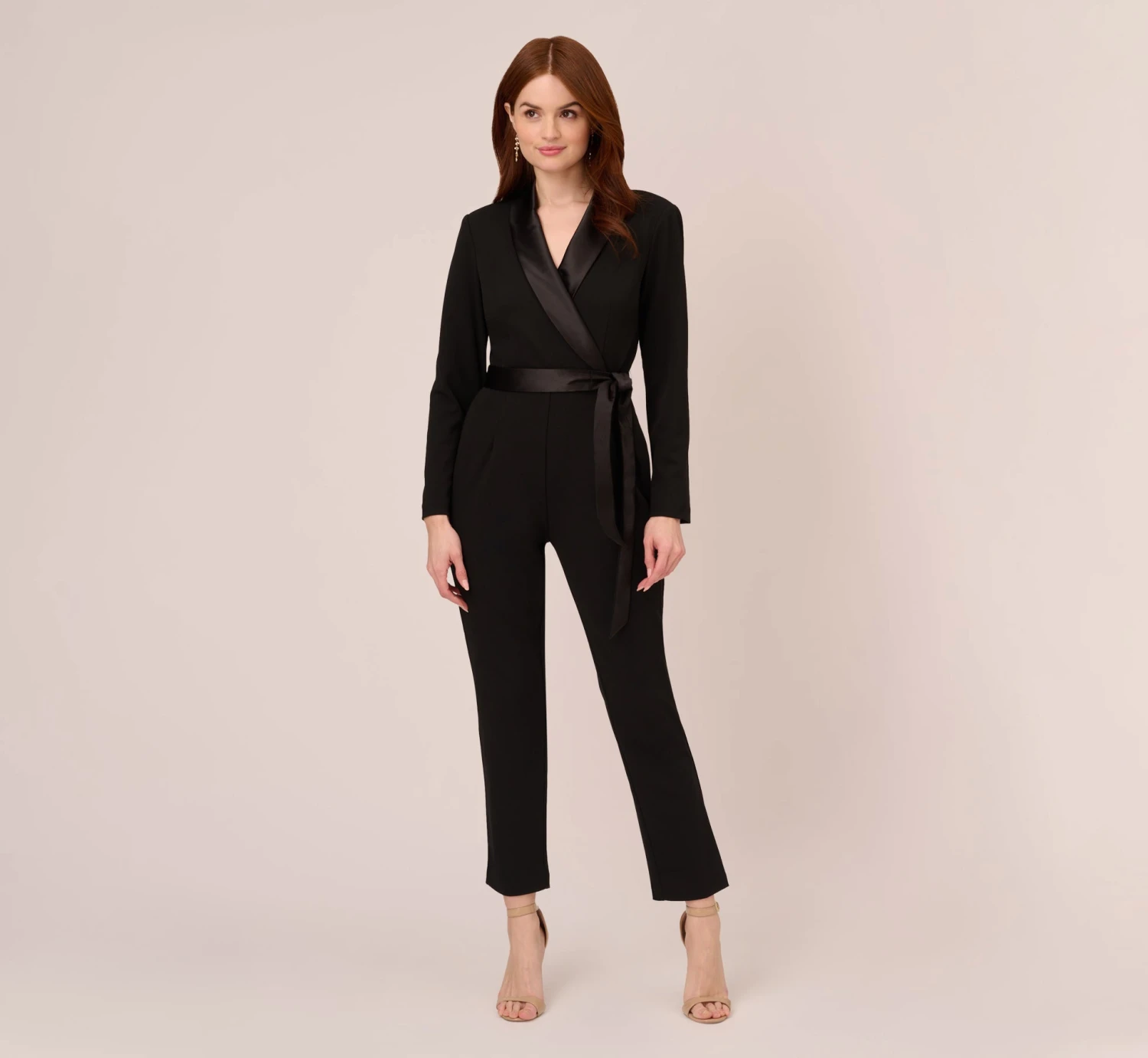 Adrianna Papell Long Sleeve Crepe Jumpsuit With Tuxedo Collar In Black 3 Adrianna Papell Long Sleeve Crepe Jumpsuit With Tuxedo Collar In Black