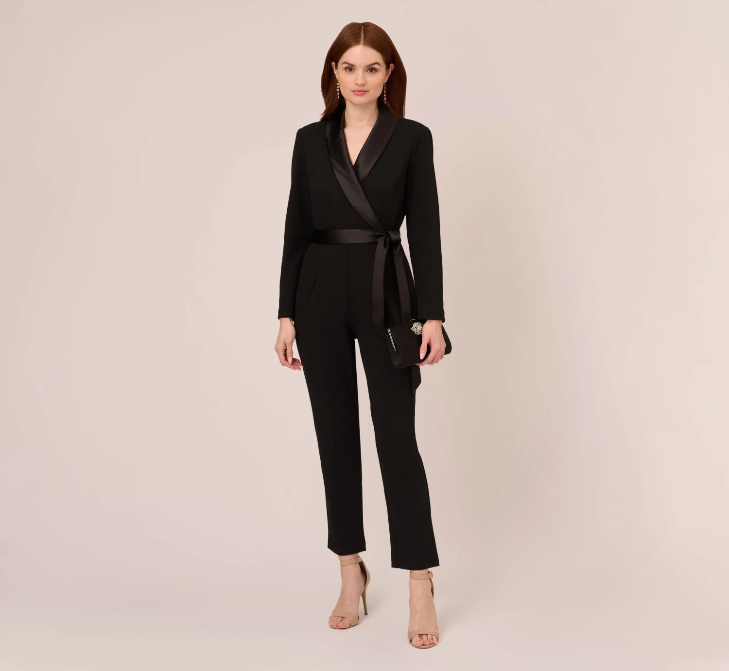 Adrianna Papell Long Sleeve Crepe Jumpsuit With Tuxedo Collar In Black 4 Adrianna Papell Long Sleeve Crepe Jumpsuit With Tuxedo Collar In Black - Image 2