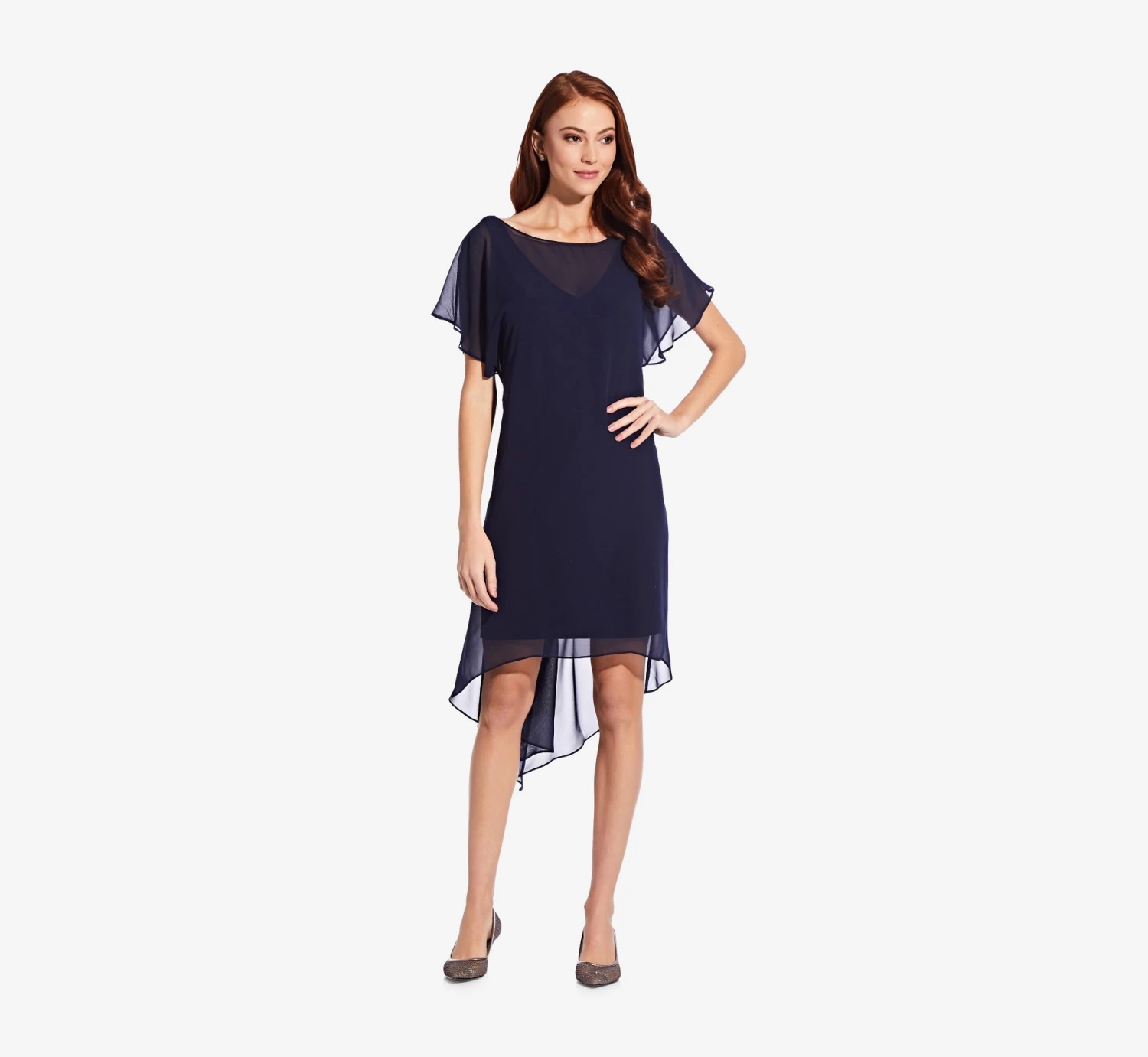 Adrianna Papell Flutter Sleeve Chiffon Dress With High Low Hemline In Navy 3 Adrianna Papell Flutter Sleeve Chiffon Dress With High Low Hemline In Navy